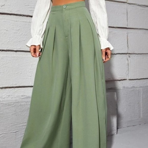 High Waist Fold Pleated Wide Leg Pants GREEN - Picture 4 of 6
